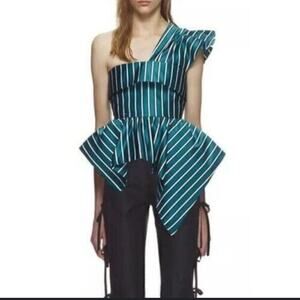 Beulah Green Striped Asymmetrical 1 Shoulder Women Ruffles Blouse High Waist